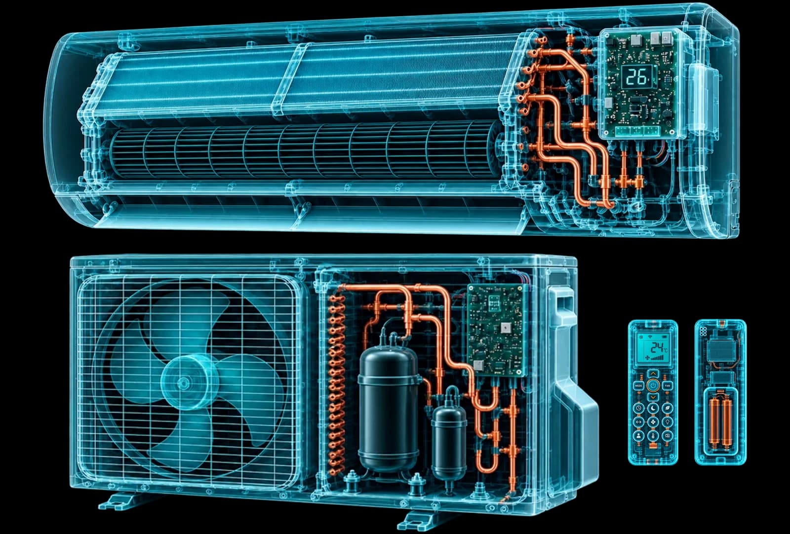 Vista técnica de rayos X de un equipo de aire acondicionado split: unidad interior, unidad exterior y mandos, mostrando el serpentín, la turbina, el compresor y las placas de control
